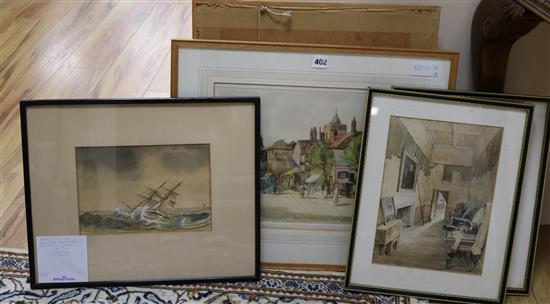 A Victorian watercolour of HMS Philomel, two Tatton Winter prints and two other watercolours